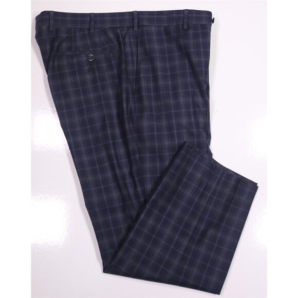J. Hilburn Navy Sky Blue Plaid Check Wool Fleece Flat Front Dress Pants 38x27